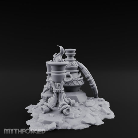 Glyph-Carved Rope-Coiled Tribal Torch and Idol Vessel Scene Miniature for Dungeons and Dragons, Pathfinder or other TTRPGs