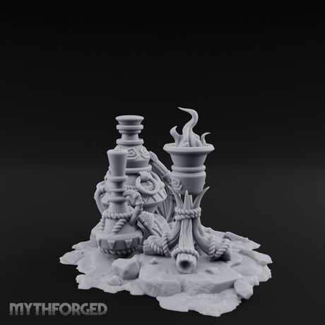 Glyph-Carved Rope-Coiled Tribal Torch and Idol Vessel Scene Miniature for Dungeons and Dragons, Pathfinder or other TTRPGs