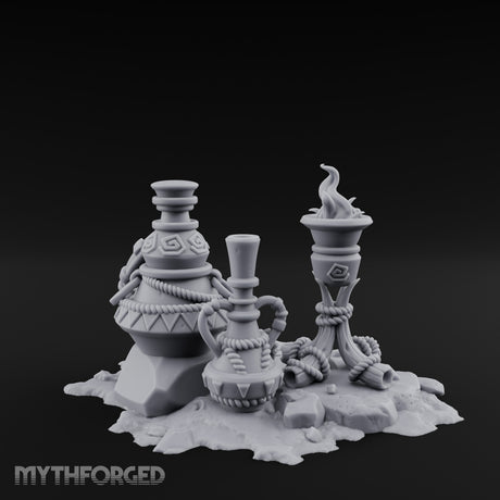 Glyph-Carved Rope-Coiled Tribal Torch and Idol Vessel Scene Miniature for Dungeons and Dragons, Pathfinder or other TTRPGs