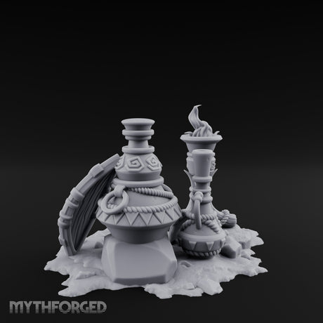 Glyph-Carved Rope-Coiled Tribal Torch and Idol Vessel Scene Miniature for Dungeons and Dragons, Pathfinder or other TTRPGs