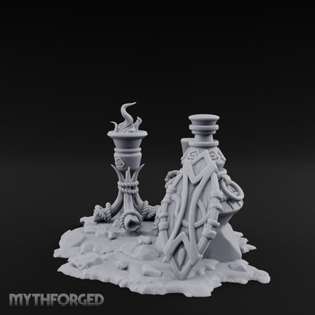 Glyph-Carved Rope-Coiled Tribal Torch and Idol Vessel Scene Miniature for Dungeons and Dragons, Pathfinder or other TTRPGs