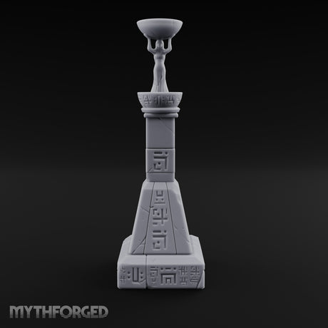 Glyph-Paneled Figure-Crowned Offering Bowl Pedestal Column Miniature for Dungeons and Dragons, Pathfinder or other TTRPGs