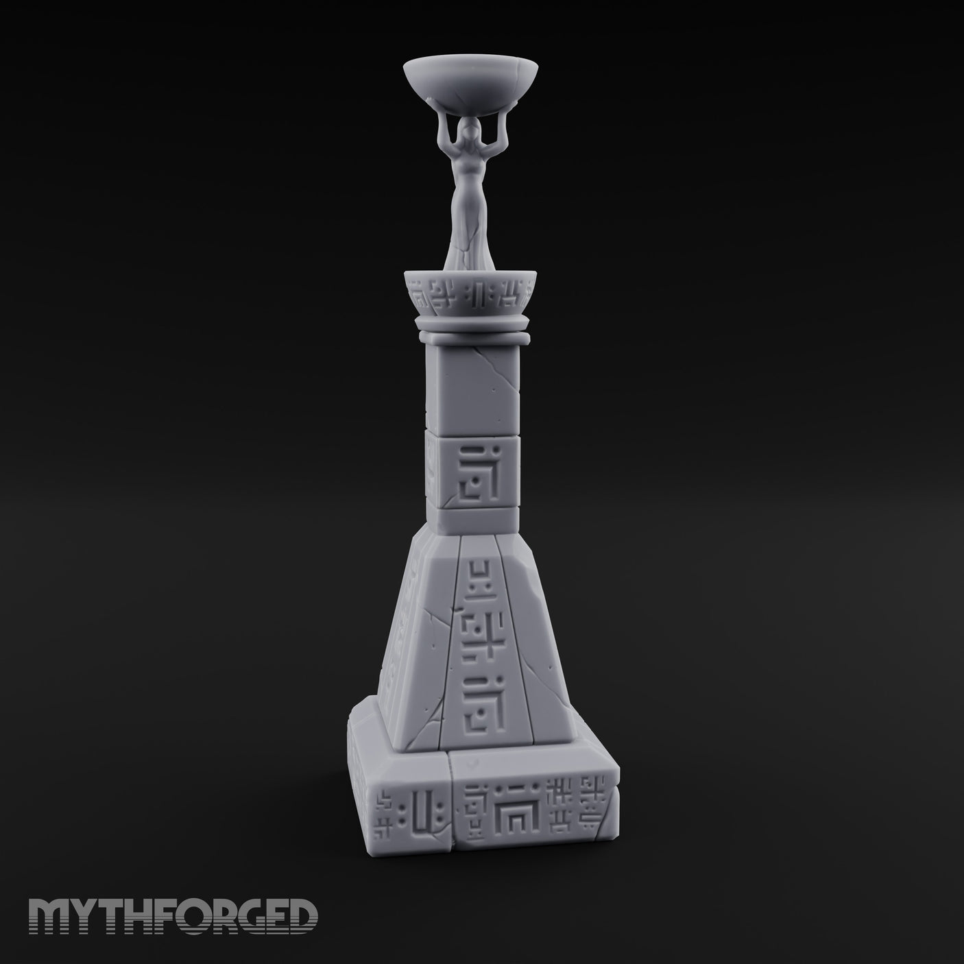 Glyph-Paneled Figure-Crowned Offering Bowl Pedestal Column Miniature for Dungeons and Dragons, Pathfinder or other TTRPGs
