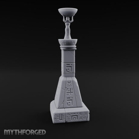 Glyph-Paneled Figure-Crowned Offering Bowl Pedestal Column Miniature for Dungeons and Dragons, Pathfinder or other TTRPGs