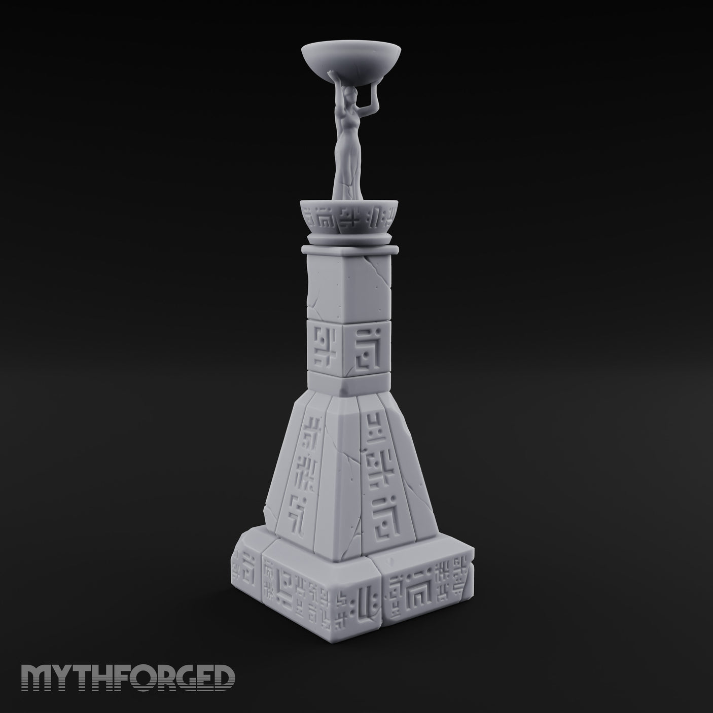 Glyph-Paneled Figure-Crowned Offering Bowl Pedestal Column Miniature for Dungeons and Dragons, Pathfinder or other TTRPGs