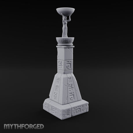 Glyph-Paneled Figure-Crowned Offering Bowl Pedestal Column Miniature for Dungeons and Dragons, Pathfinder or other TTRPGs