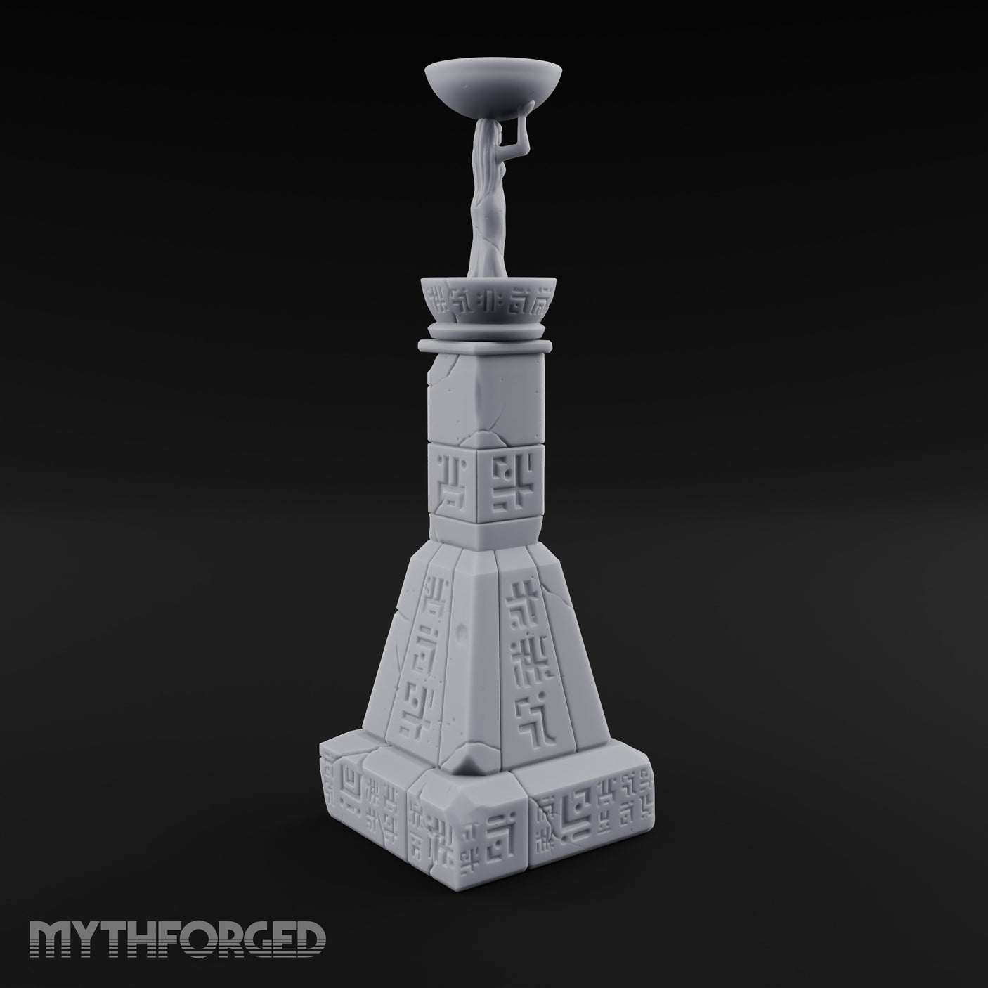 Glyph-Paneled Figure-Crowned Offering Bowl Pedestal Column Miniature for Dungeons and Dragons, Pathfinder or other TTRPGs