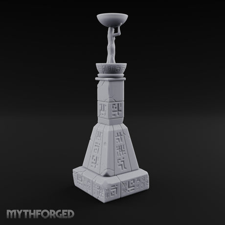 Glyph-Paneled Figure-Crowned Offering Bowl Pedestal Column Miniature for Dungeons and Dragons, Pathfinder or other TTRPGs