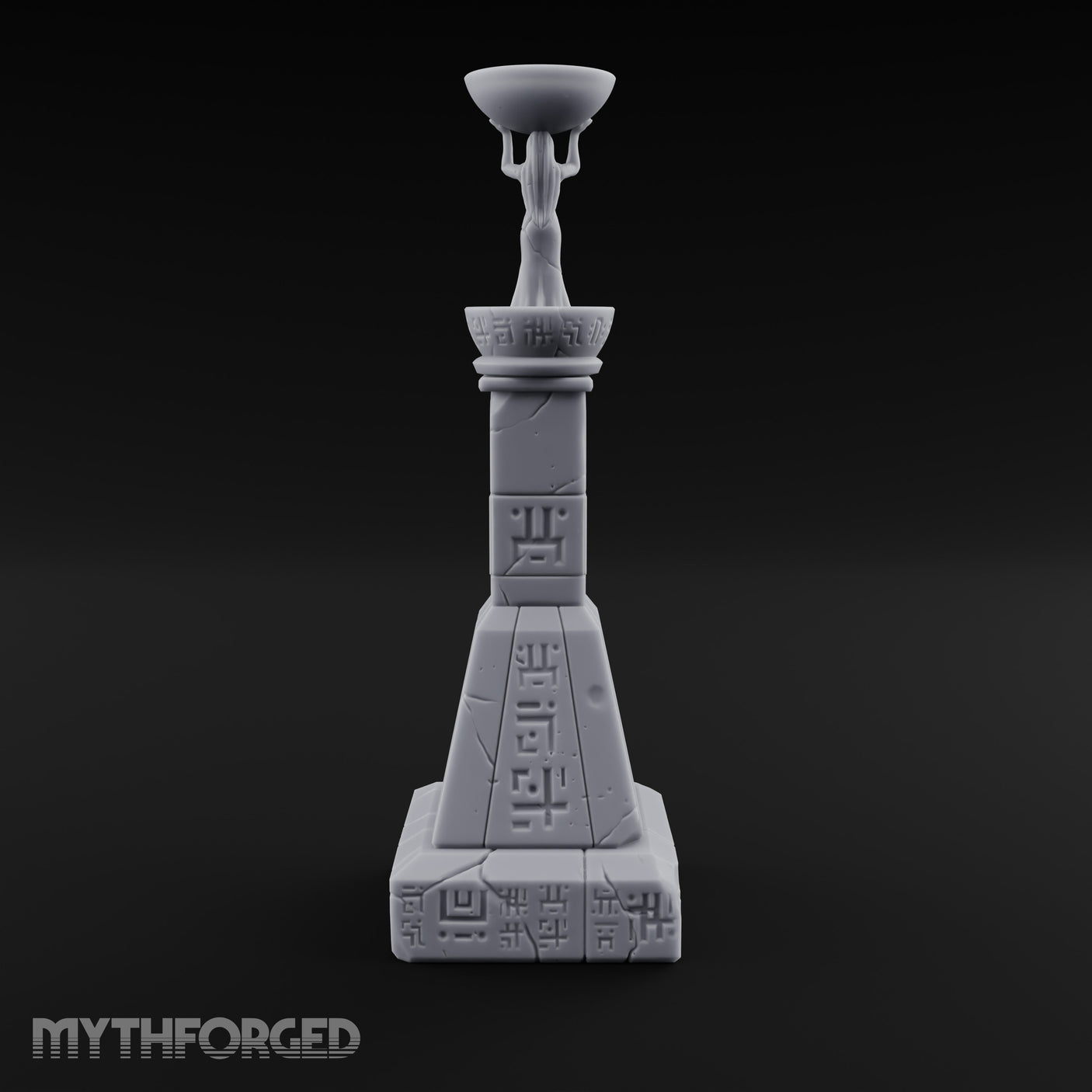 Glyph-Paneled Figure-Crowned Offering Bowl Pedestal Column Miniature for Dungeons and Dragons, Pathfinder or other TTRPGs