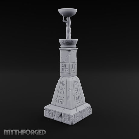 Glyph-Paneled Figure-Crowned Offering Bowl Pedestal Column Miniature for Dungeons and Dragons, Pathfinder or other TTRPGs