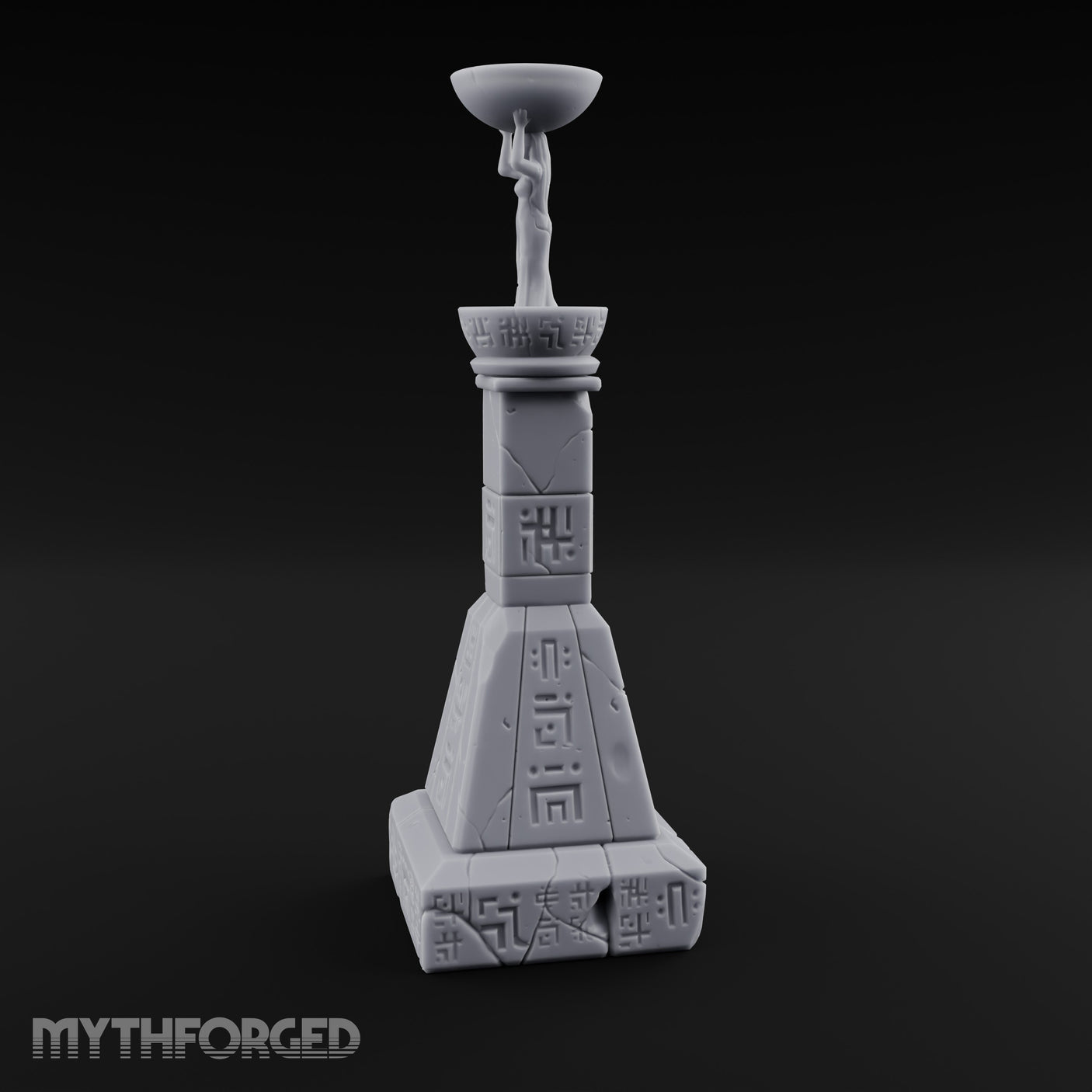 Glyph-Paneled Figure-Crowned Offering Bowl Pedestal Column Miniature for Dungeons and Dragons, Pathfinder or other TTRPGs