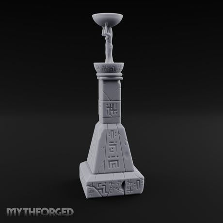 Glyph-Paneled Figure-Crowned Offering Bowl Pedestal Column Miniature for Dungeons and Dragons, Pathfinder or other TTRPGs