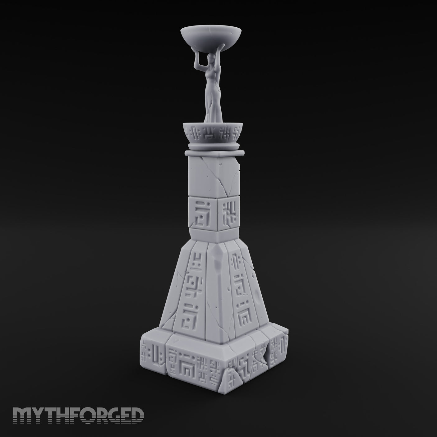 Glyph-Paneled Figure-Crowned Offering Bowl Pedestal Column Miniature for Dungeons and Dragons, Pathfinder or other TTRPGs