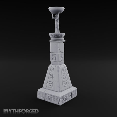 Glyph-Paneled Figure-Crowned Offering Bowl Pedestal Column Miniature for Dungeons and Dragons, Pathfinder or other TTRPGs