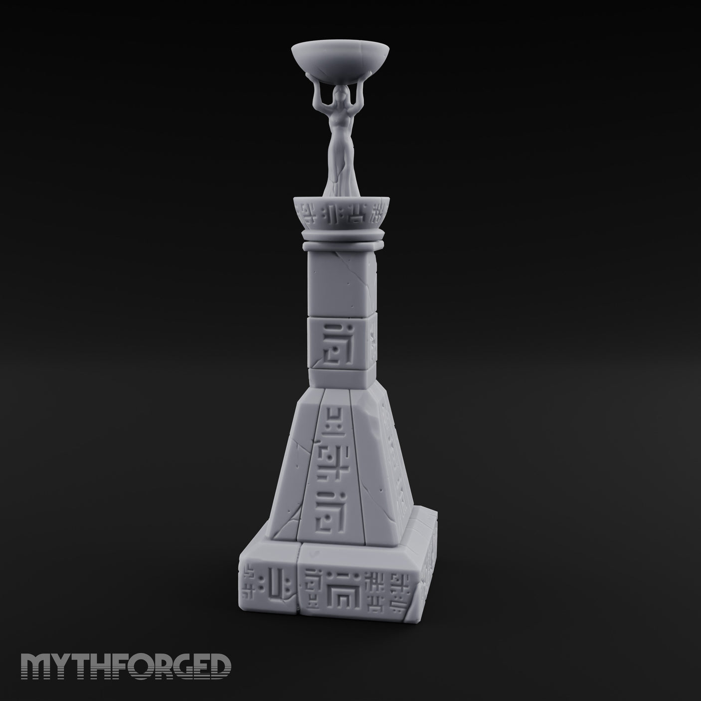 Glyph-Paneled Figure-Crowned Offering Bowl Pedestal Column Miniature for Dungeons and Dragons, Pathfinder or other TTRPGs