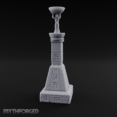 Glyph-Paneled Figure-Crowned Offering Bowl Pedestal Column Miniature for Dungeons and Dragons, Pathfinder or other TTRPGs