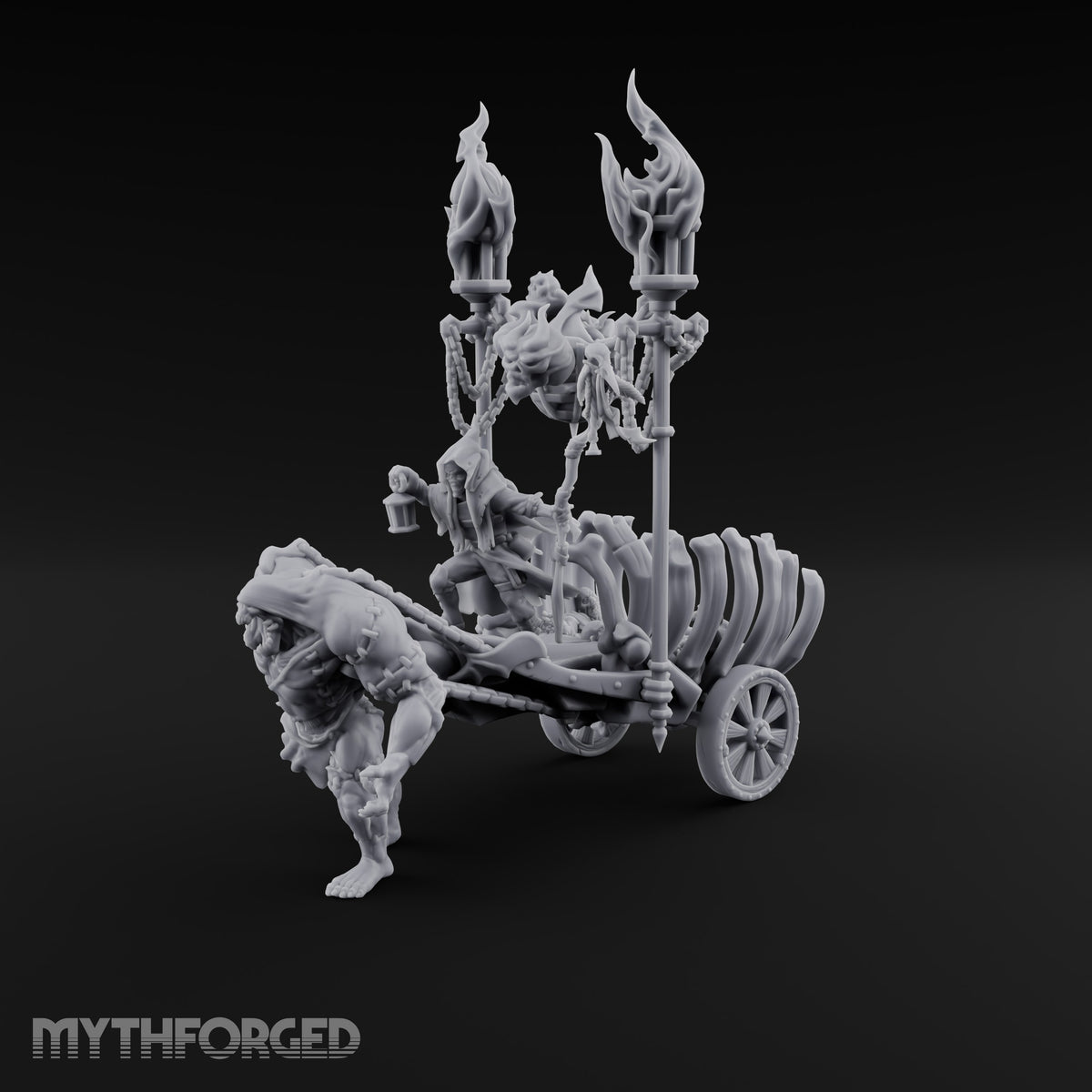 Last Fare Out of Town Ogre Pulling Bone-Ribbed Corpse Cart with Lantern Rider