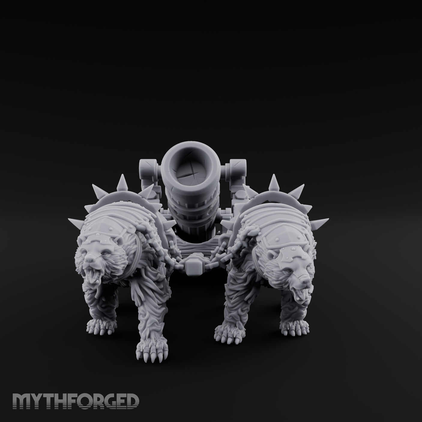Twin Spiked Mortar-Hauling Armoured Bear Cannon Miniature for Dungeons and Dragons, Pathfinder or other TTRPGs