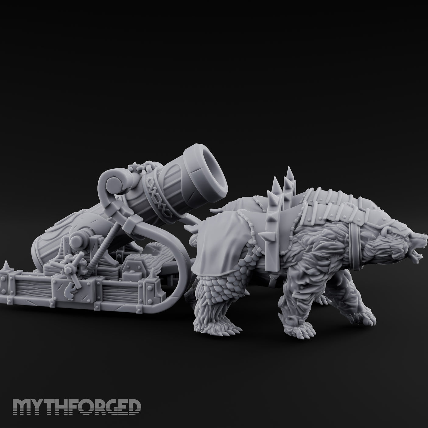 Twin Spiked Mortar-Hauling Armoured Bear Cannon Miniature for Dungeons and Dragons, Pathfinder or other TTRPGs