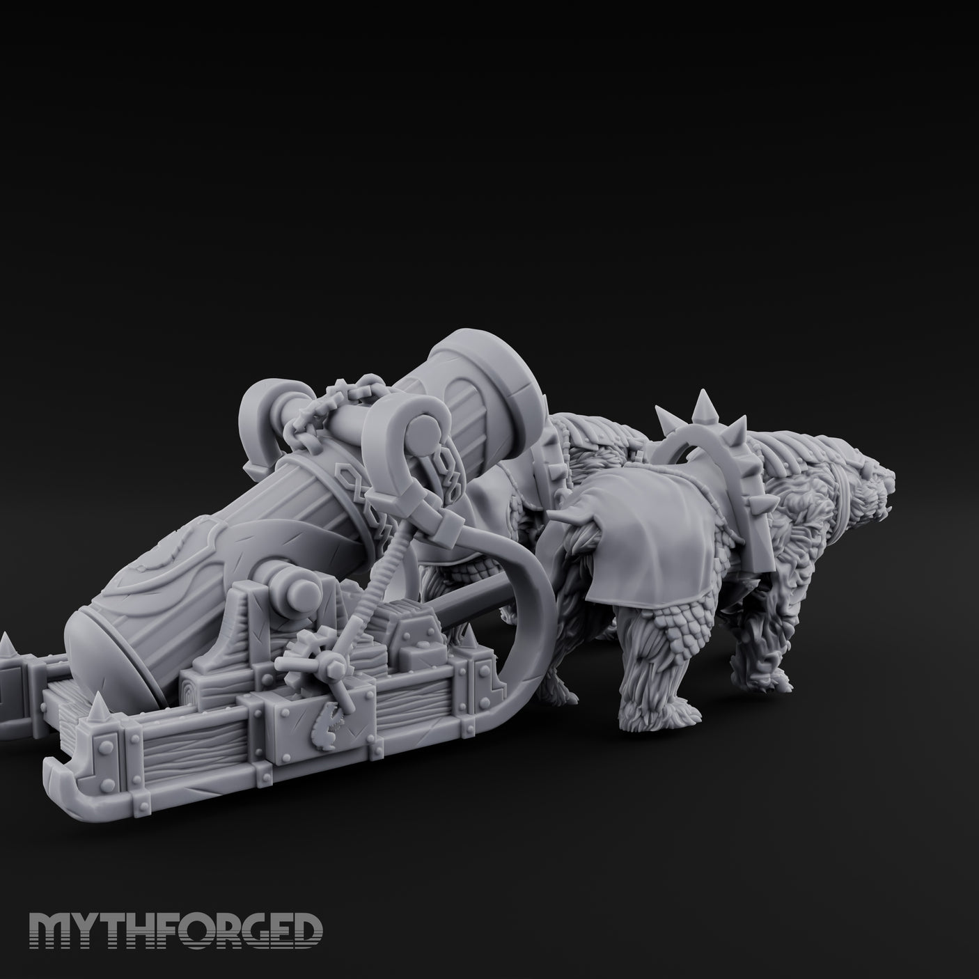 Twin Spiked Mortar-Hauling Armoured Bear Cannon Miniature for Dungeons and Dragons, Pathfinder or other TTRPGs