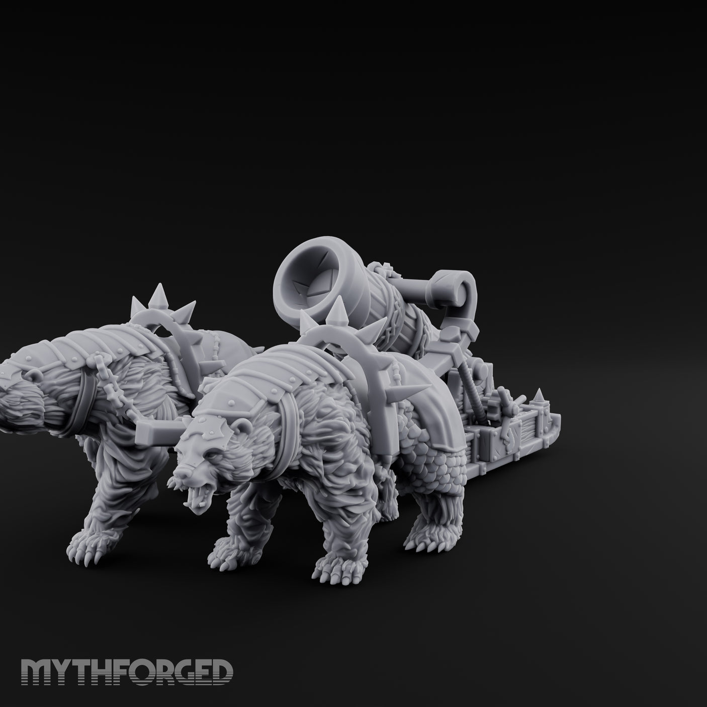 Twin Spiked Mortar-Hauling Armoured Bear Cannon Miniature for Dungeons and Dragons, Pathfinder or other TTRPGs