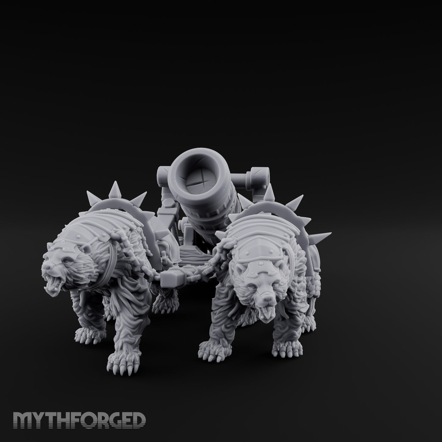 Twin Spiked Mortar-Hauling Armoured Bear Cannon Miniature for Dungeons and Dragons, Pathfinder or other TTRPGs