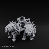 Twin Spiked Mortar-Hauling Armoured Bear Cannon Miniature for Dungeons and Dragons, Pathfinder or other TTRPGs
