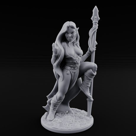 Smirking Spear Leaner Elf Tribeswoman Miniature for Dungeons and Dragons, Pathfinder or other TTRPGs