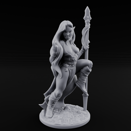 Smirking Spear Leaner Elf Tribeswoman Miniature for Dungeons and Dragons, Pathfinder or other TTRPGs