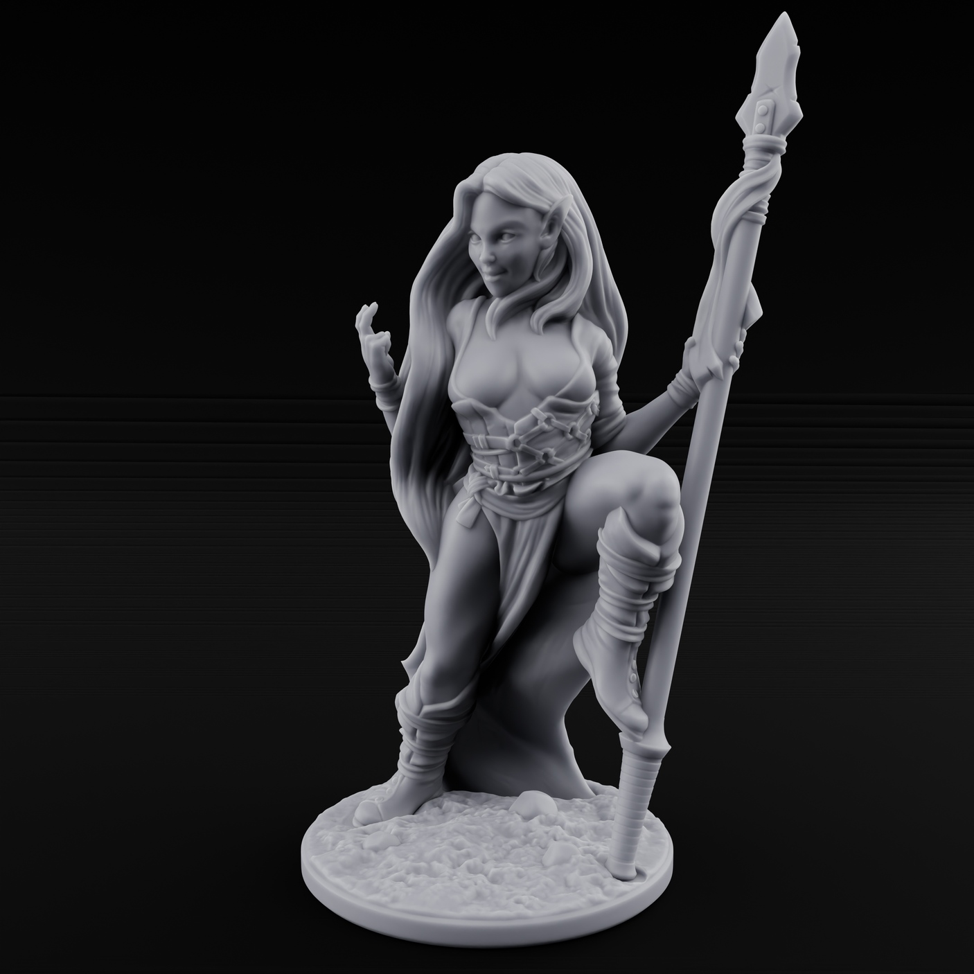 Smirking Spear Leaner Elf Tribeswoman Miniature for Dungeons and Dragons, Pathfinder or other TTRPGs