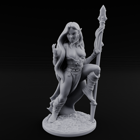 Smirking Spear Leaner Elf Tribeswoman Miniature for Dungeons and Dragons, Pathfinder or other TTRPGs