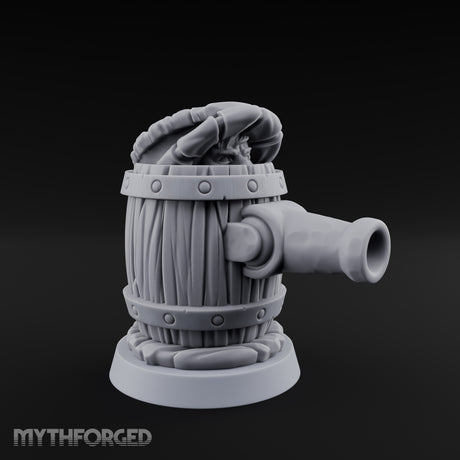 Barrel Popping Halfling Cannoneer Miniature for Dungeons and Dragons, Pathfinder or other TTRPGs