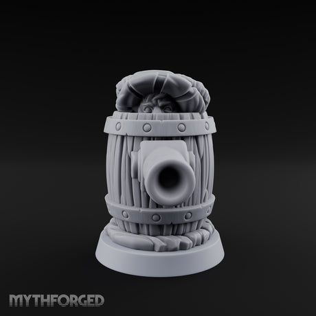 Barrel Popping Halfling Cannoneer Miniature for Dungeons and Dragons, Pathfinder or other TTRPGs