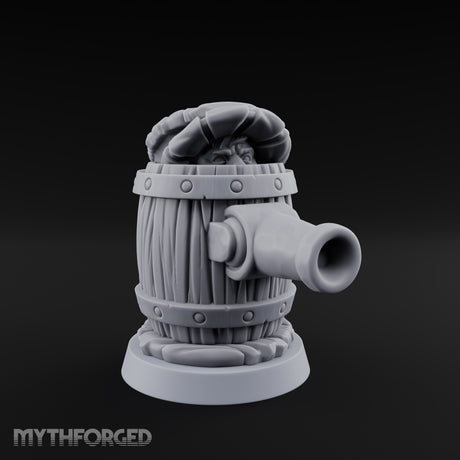 Barrel Popping Halfling Cannoneer Miniature for Dungeons and Dragons, Pathfinder or other TTRPGs