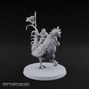 Dawn Marches Under His Banner Halfling Captain on Axe Beak