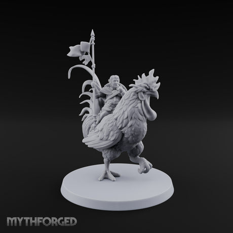 Dawn Marches Under His Banner Halfling Captain on Axe Beak