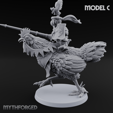 Regally Mounted Halfling Chicken Riders C Miniature for Dungeons and Dragons, Pathfinder or other TTRPGs