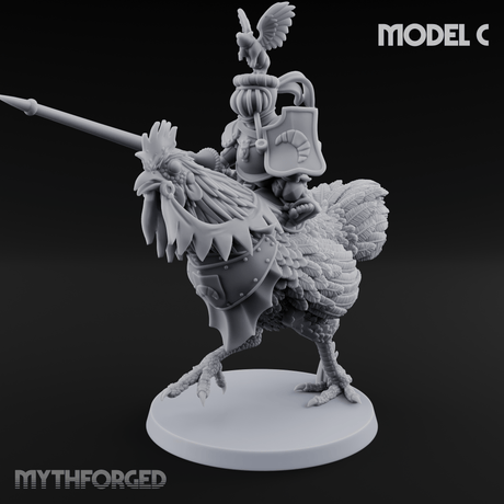 Regally Mounted Halfling Chicken Riders C Miniature for Dungeons and Dragons, Pathfinder or other TTRPGs