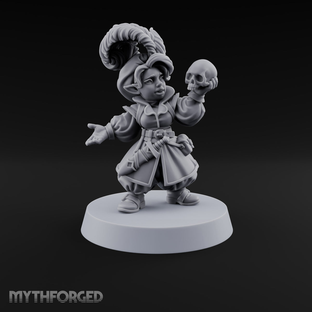 Reading Her Own Reviews Halfling Female Bard with Lute and Book — Skull and Open Hand