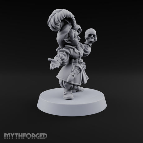 Reading Her Own Reviews Halfling Female Bard with Lute and Book — Skull and Open Hand