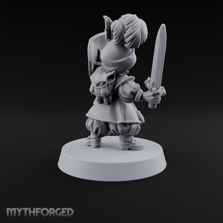 Reading Her Own Reviews Halfling Female Bard with Lute and Book — Sword and Shield