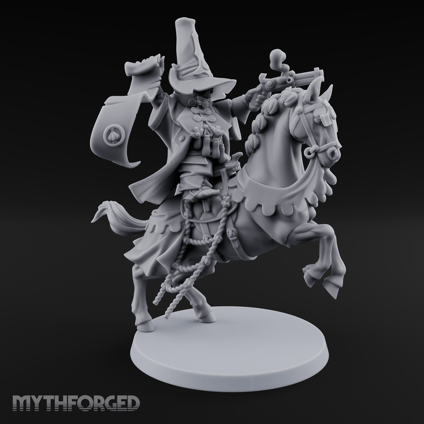 Pistol Waving Mounted Halfling Inquisitor Miniature for Dungeons and Dragons, Pathfinder or other TTRPGs