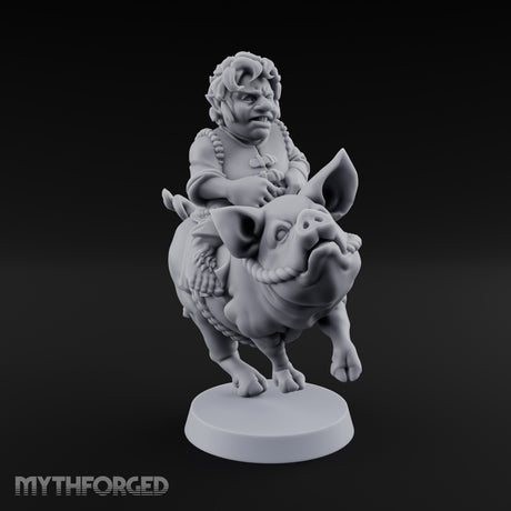 Pig Galloping Granny Halfling Rider Miniature for Dungeons and Dragons, Pathfinder or other TTRPGs