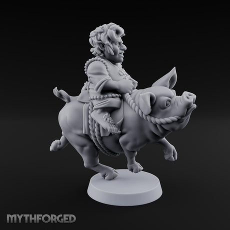 Pig Galloping Granny Halfling Rider Miniature for Dungeons and Dragons, Pathfinder or other TTRPGs