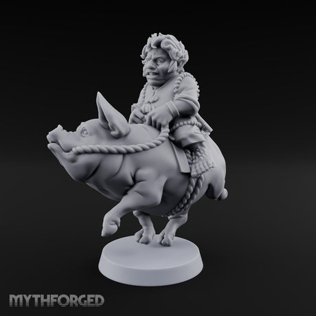 Pig Galloping Granny Halfling Rider Miniature for Dungeons and Dragons, Pathfinder or other TTRPGs