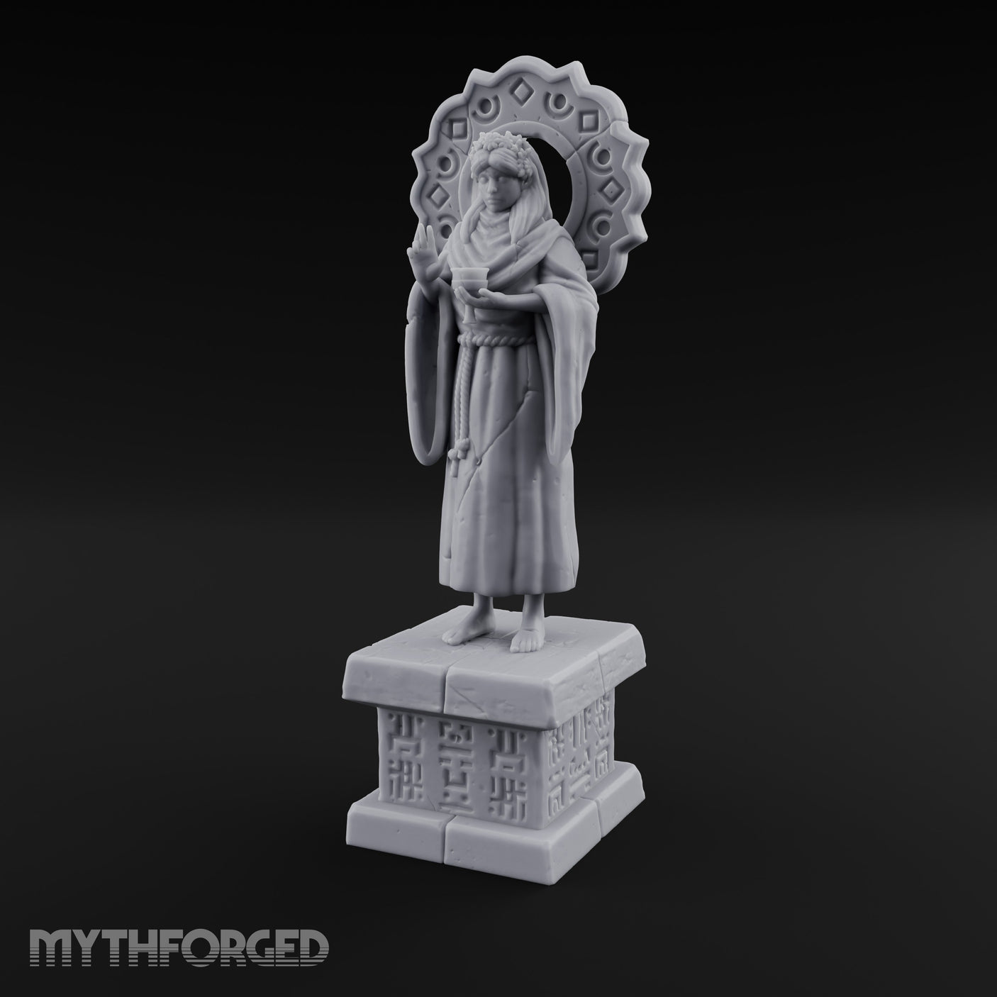 Halo-Backed Glyph-Pedestaled Robed Saint Statue