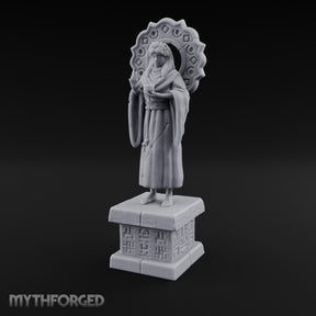 Halo-Backed Glyph-Pedestaled Robed Saint Statue