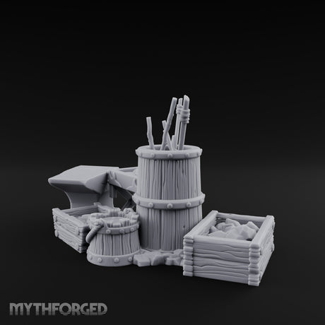 Hammer-Propped Tool-Barreled Blacksmith Forge Clutter Set Miniature for Dungeons and Dragons, Pathfinder or other TTRPGs