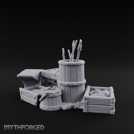 Hammer-Propped Tool-Barreled Blacksmith Forge Clutter Set Miniature for Dungeons and Dragons, Pathfinder or other TTRPGs