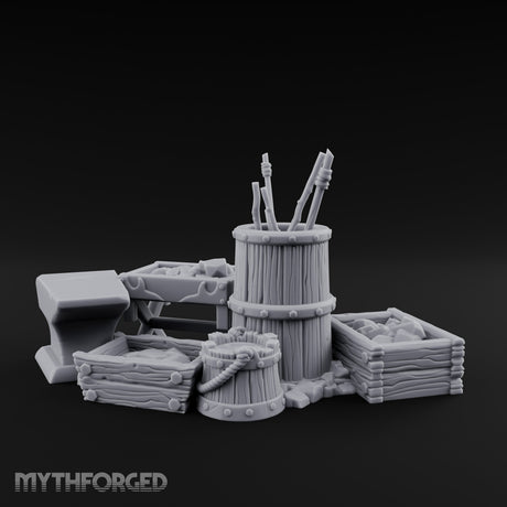 Hammer-Propped Tool-Barreled Blacksmith Forge Clutter Set Miniature for Dungeons and Dragons, Pathfinder or other TTRPGs